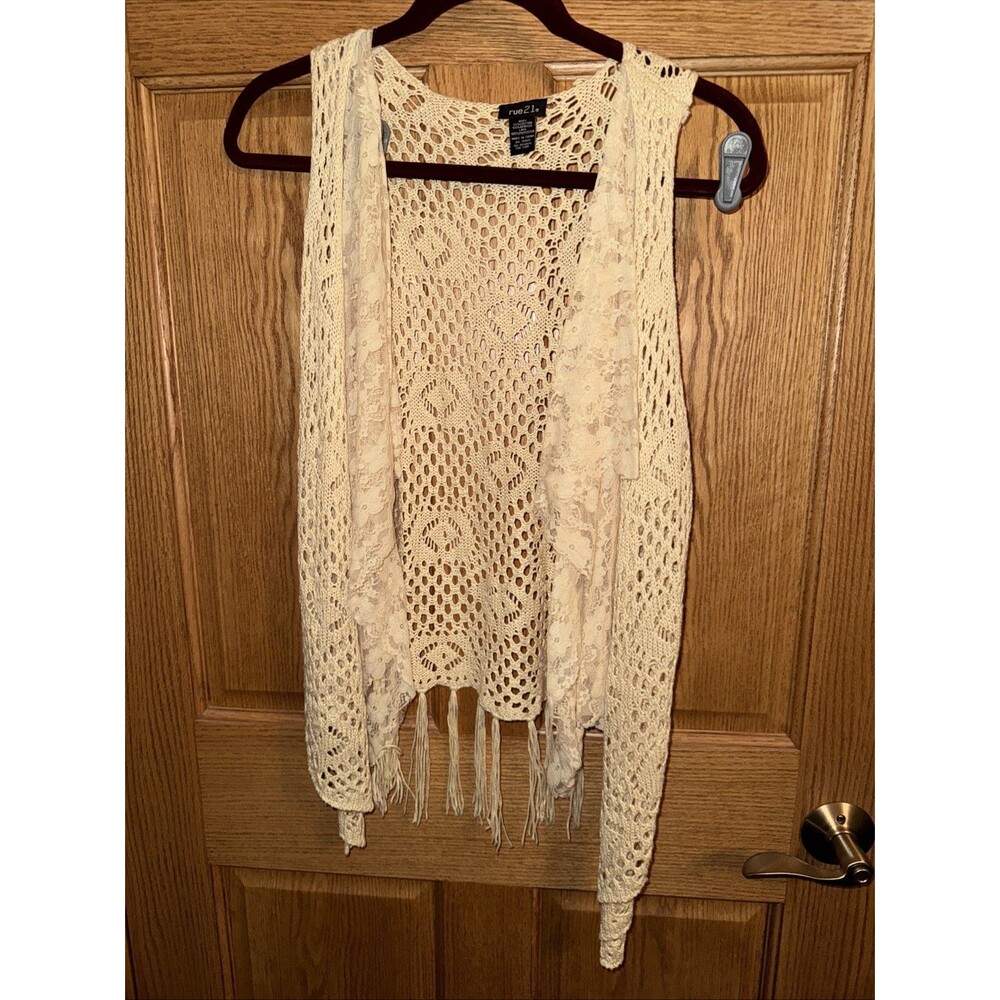 Y2K Lace Crochet Open Vest Womens Boho Fringe Festival Fairycore Med Beige  Rui